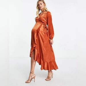 ​Flounce London Rust Satin High-Low Maxi Dress - Long Sleeve Tie-Front Wrap